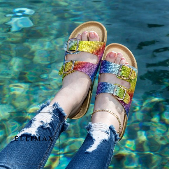 NEW🔥 Comfy Bling Rainbow Rhinestone Buckle Slide Flat Sandals Open Toe Size 10 - Picture 6 of 6